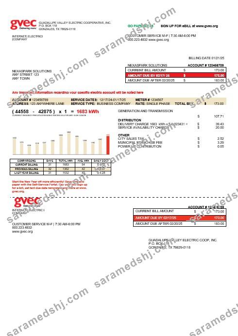 USA Texas GVEC business utility bill template in Word and PDF formats